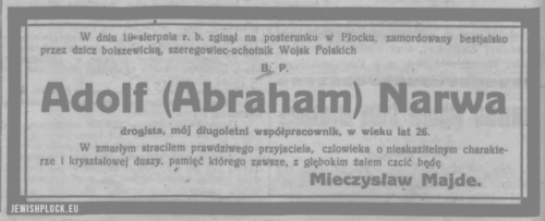 Information about the death of Adolf Narwa - a private-volunteer of the Polish Army, murdered by the Bolsheviks